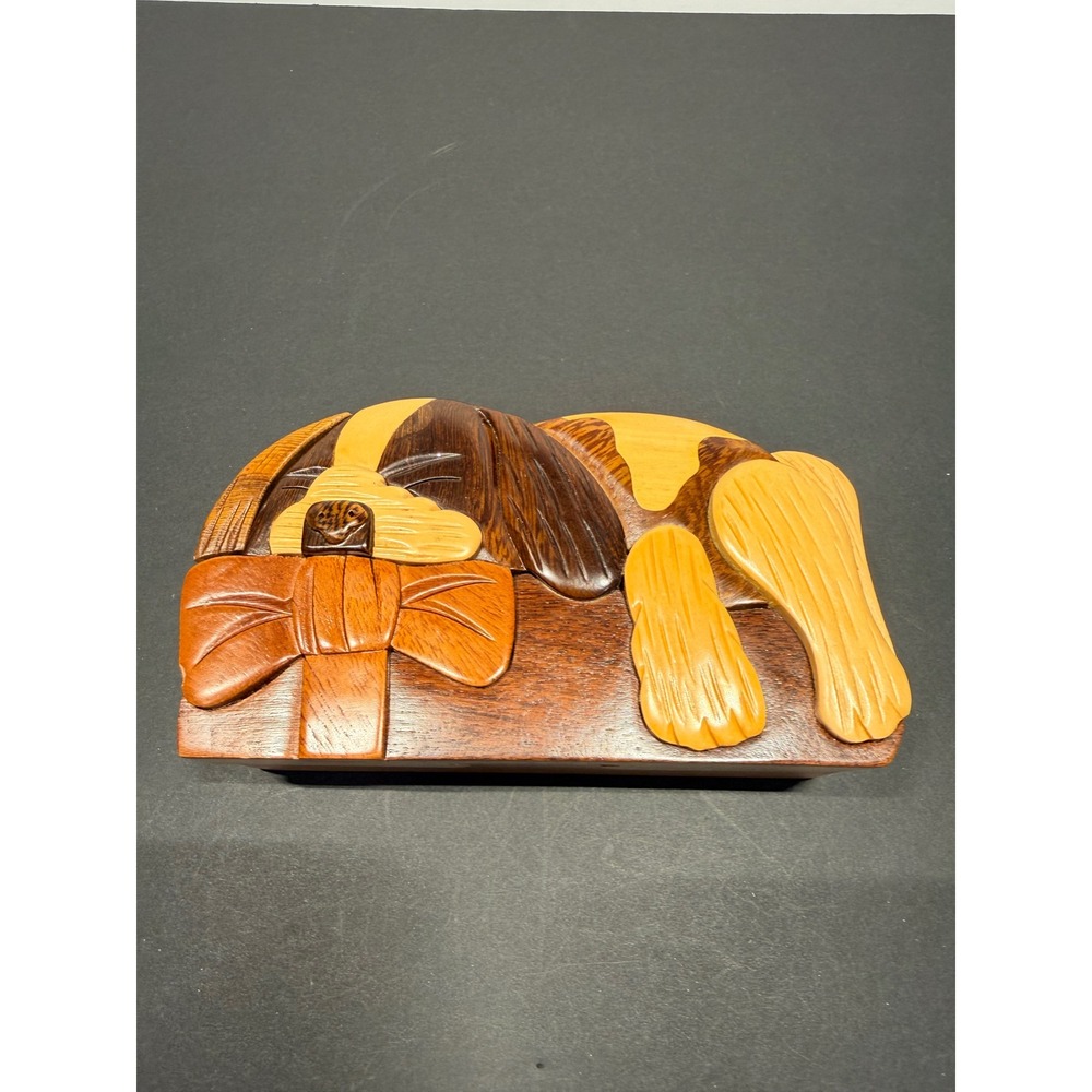 Vintage Wood Puzzle Box Sleeping Dog Bow Hidden Compartment Folk Art 6"‎